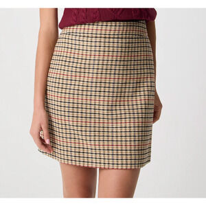 J Crew Mini Skirt Wool Blend Taupe Black Red Ivory Plaid Womens Size 14 NWT $89